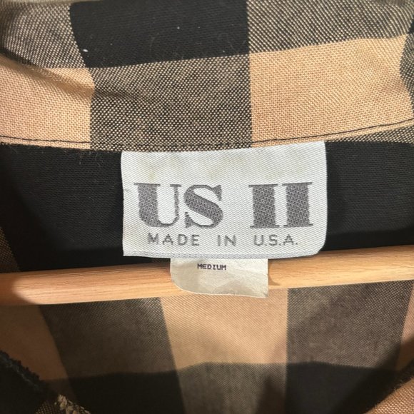 vintage 90s buffalo plaid rayon button shirt M black tan blouse top USA vtg - Picture 9 of 10